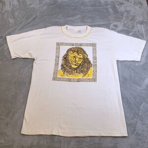 Vintage Lion Shirt Women M Large White Embroidered 80s Shoulder Pads Retro Disco